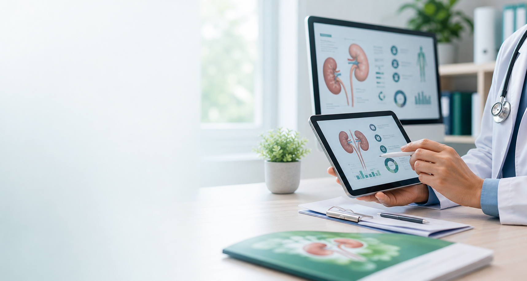 Clinician reviewing kidney screening information on a tablet
